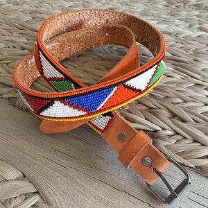 Handcrafted Ethnic Tribal African Beaded Leather Belt Silver Tone Buckle